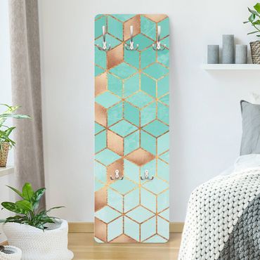 Wandkapstokken houten paneel - Turquoise White Golden Geometry