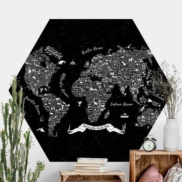Hexagon Behang Typography World Map Black