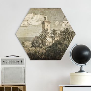 Hexagons Aluminium Dibond schilderijen - Vintage Postcard With Lighthouse And Palm Trees