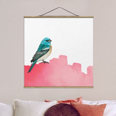 Stoffen schilderij met posterlijst Bird On Pink Backdrop