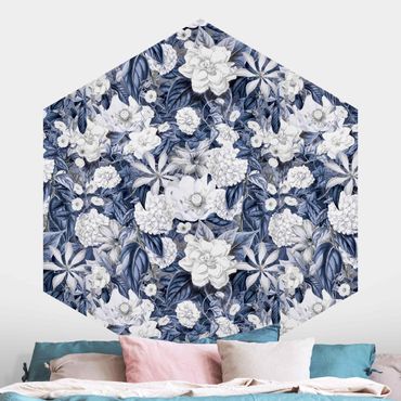 Hexagon Behang White Flowers In Front Of Blue