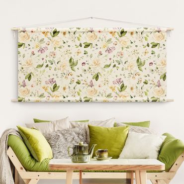 Wandtapijt - Wildflowers and White Roses Watercolour Pattern