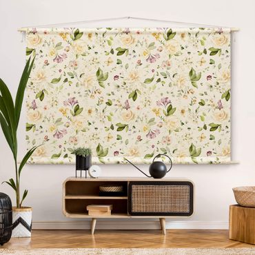 Wandtapijt - Wildflowers and White Roses Watercolour Pattern
