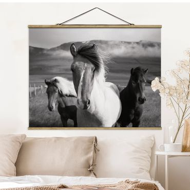 Stoffen schilderij met posterlijst Wild Horses Black And White