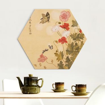 Hexagons Aluminium Dibond schilderijen - Yuanyu Ma - Poppy Flower And Butterfly