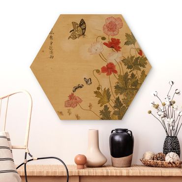 Hexagons houten schilderijen - Yuanyu Ma - Poppy Flower And Butterfly