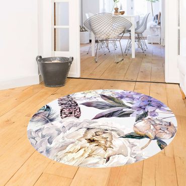 Rond vinyl tapijt Delicate Watercolour Boho Flowers And Feathers Pattern