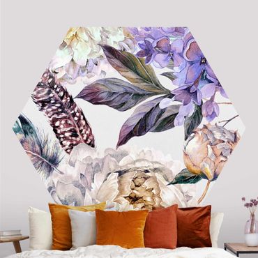 Hexagon Behang Delicate Watercolour Boho Flowers And Feathers Pattern