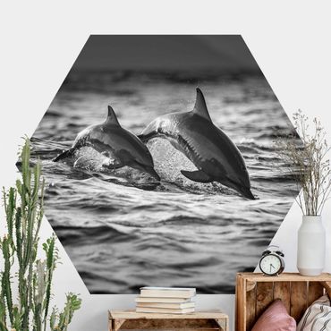Hexagon Behang Two Jumping Dolphins