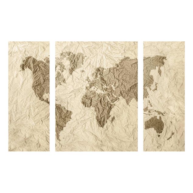 Glasschilderijen - 3-delig Paper World Map Beige Brown