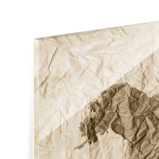 Glasschilderijen - 3-delig Paper World Map Beige Brown