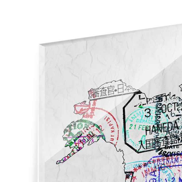 Glasschilderijen - 3-delig Passport Stamp World Map