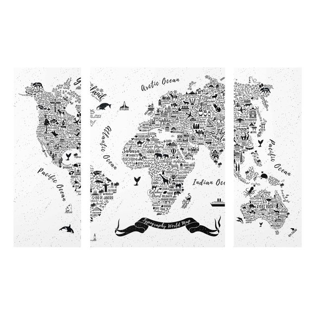 Glasschilderijen - 3-delig Typography World Map White