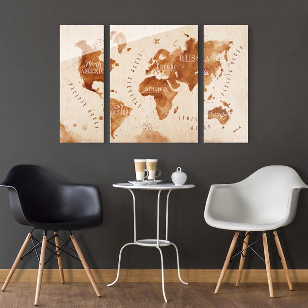 Glasschilderijen - 3-delig World Map Watercolour Beige Brown