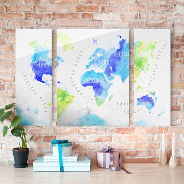 Glasschilderijen - 3-delig World Map Watercolour Blue Green