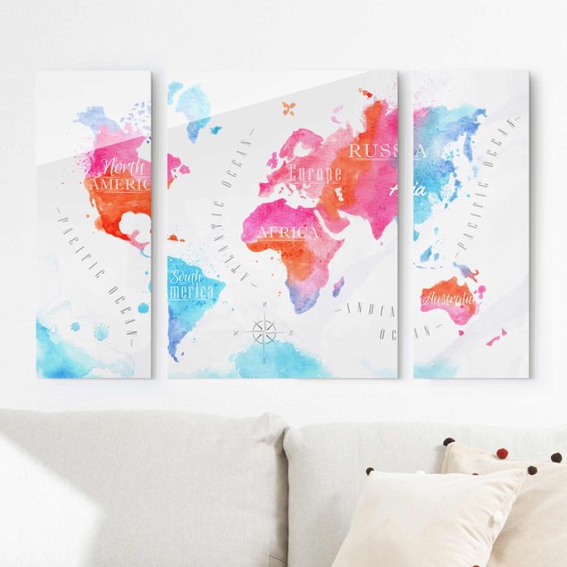 Magnettafel Glas World Map Watercolour Red Blue