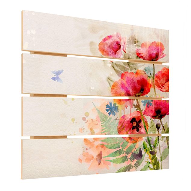 Houten schilderijen op plank Watercolour Flowers Poppy