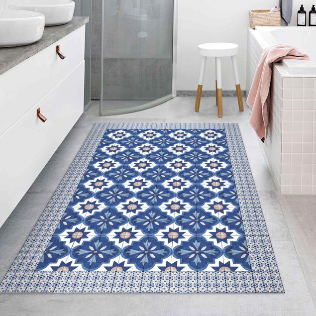 tapijt modern Moroccan Tiles Watercolour Blue With Tile Frame