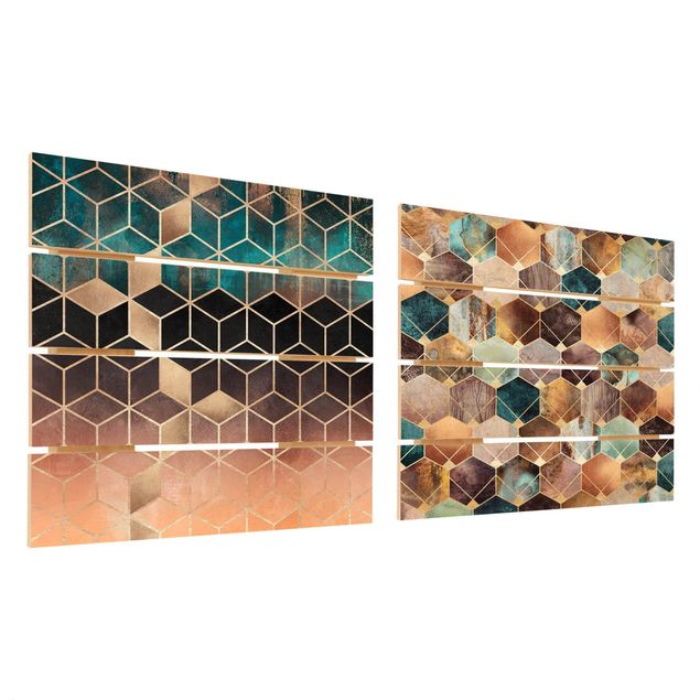 Houten schilderijen op plank - 2-delig Turquoise Geometry Golden Art Deco Set