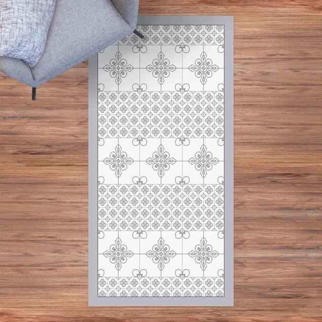 loper vloerkleed Floral Tile Pattern Grey With Border