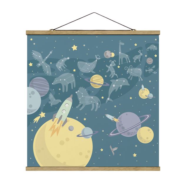 Stoffen schilderij met posterlijst Planets With Zodiac And Missiles