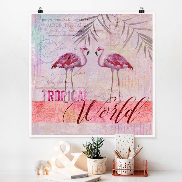 Posters Vintage Collage - Tropical World Flamingos