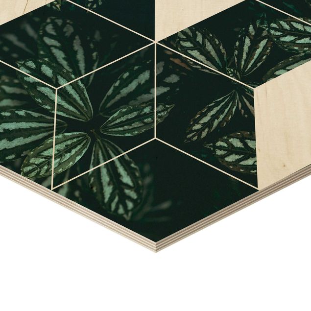 Hexagons houten schilderijen - 6-delig Green Leaves Geometry Set II
