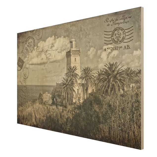 Houten schilderijen Lighthouse And Palm Trees - Vintage Postcard