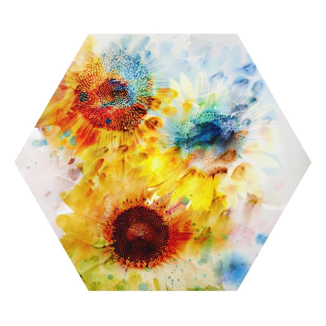 Hexagons Aluminium Dibond schilderijen Watercolour Flowers Sunflowers