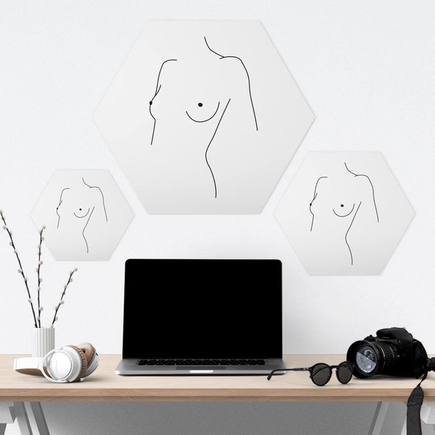 Hexagons Forex schilderijen Line Art Nude Bust Woman Black And White