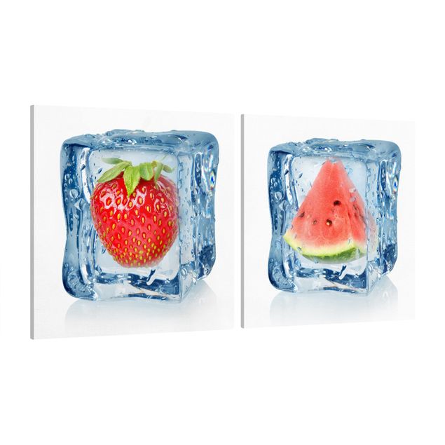 Canvas schilderijen - 2-delig  Strawberry and melon in the ice cube