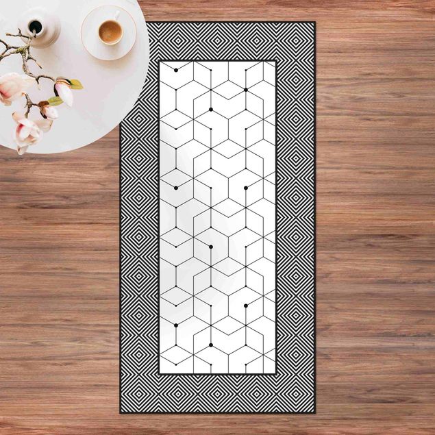Loper tapijt Geometrical Tiles Dotted Lines Black And White With Border