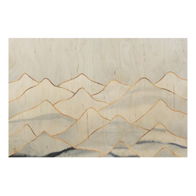 Houten schilderijen Watercolour Mountains White Gold