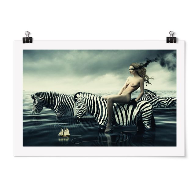Posters Woman Posing With Zebras