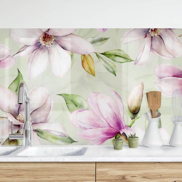 Achterwand voor keuken patroon Magnolia Illustration On Mint Green