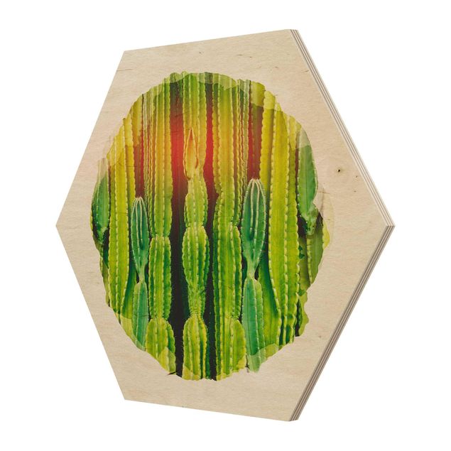 Hexagons houten schilderijen WaterColours - Cactus Wall