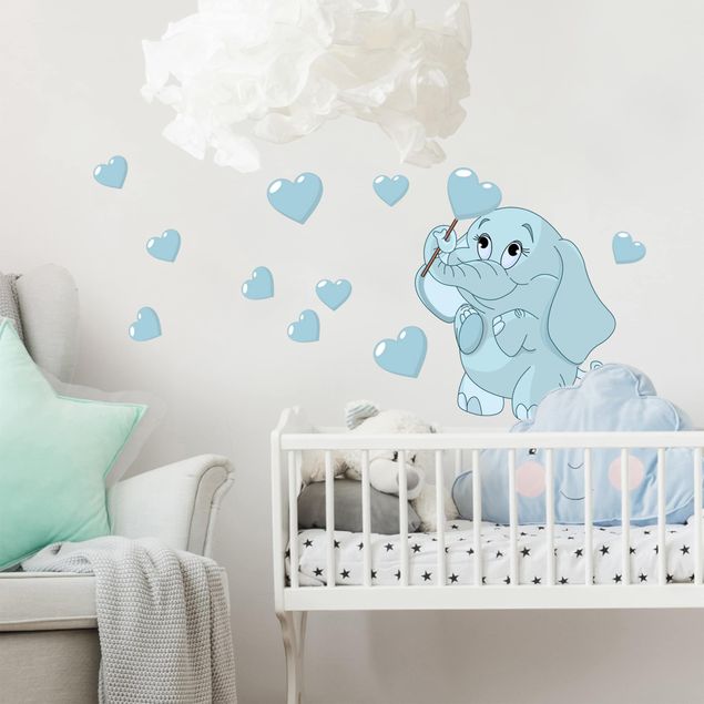 Muurstickers olifant Baby Elephant With Blue Hearts