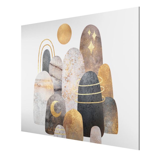 Aluminium Dibond schilderijen Golden Mountain With Moon
