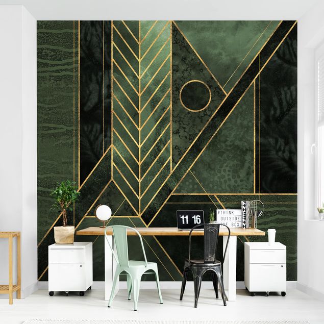 Patroonbehang Geometric Shapes Emerald Gold