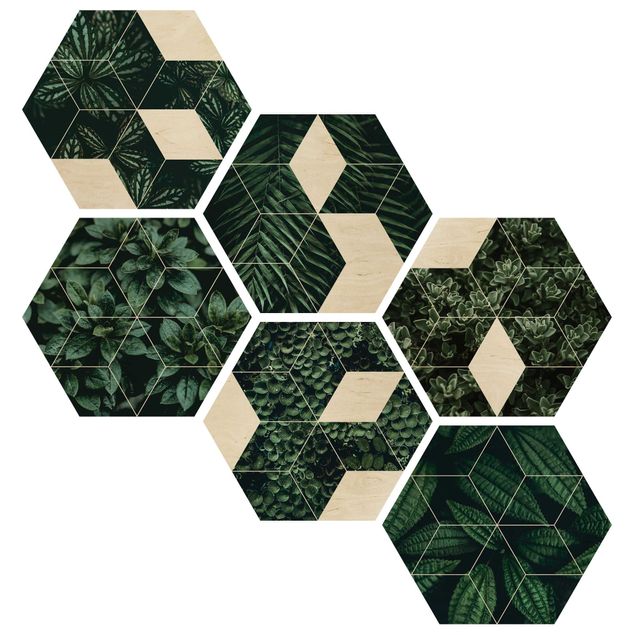 Hexagons houten schilderijen - 6-delig Green Leaves Geometry Set II