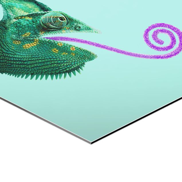 Hexagons Aluminium Dibond schilderijen Chameleon With Sugary Tongue