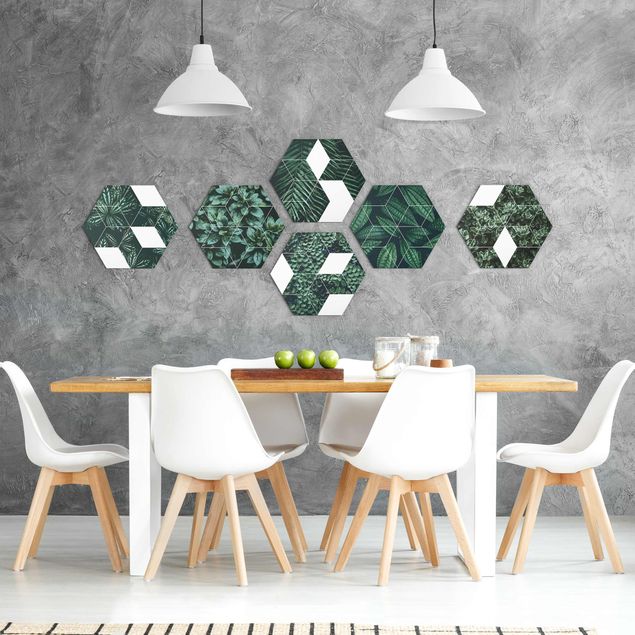 Hexagons Forex schilderijen - 6-delig Green Leaves Geometry Set II