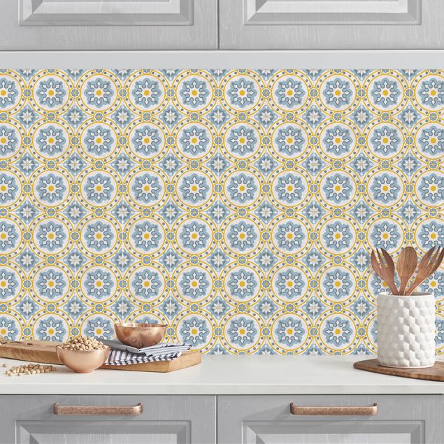 Achterwand voor keuken patroon Floral Tiles Blue Yellow