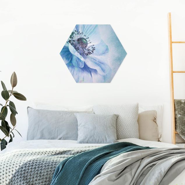 Hexagons Aluminium Dibond schilderijen Flower In Turquoise