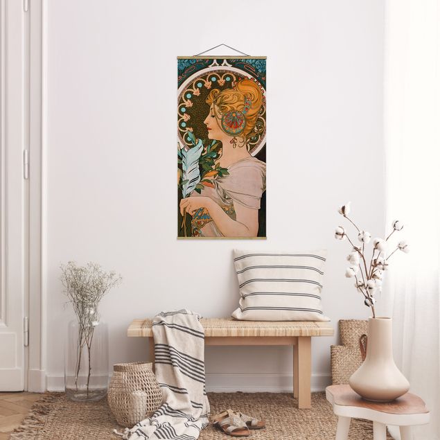 Stoffen schilderij met posterlijst Alfons Mucha - The Feather