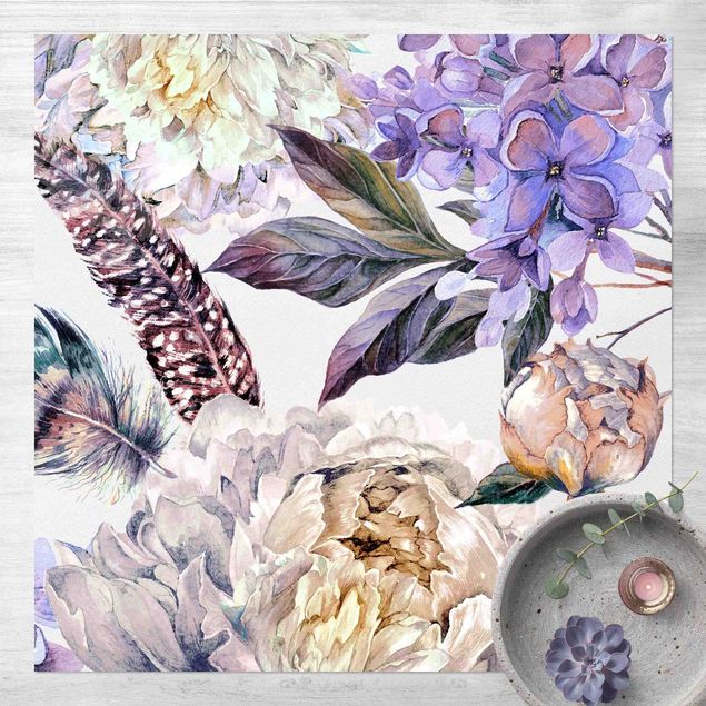 Balkonkleden Delicate Watercolour Boho Flowers And Feathers Pattern