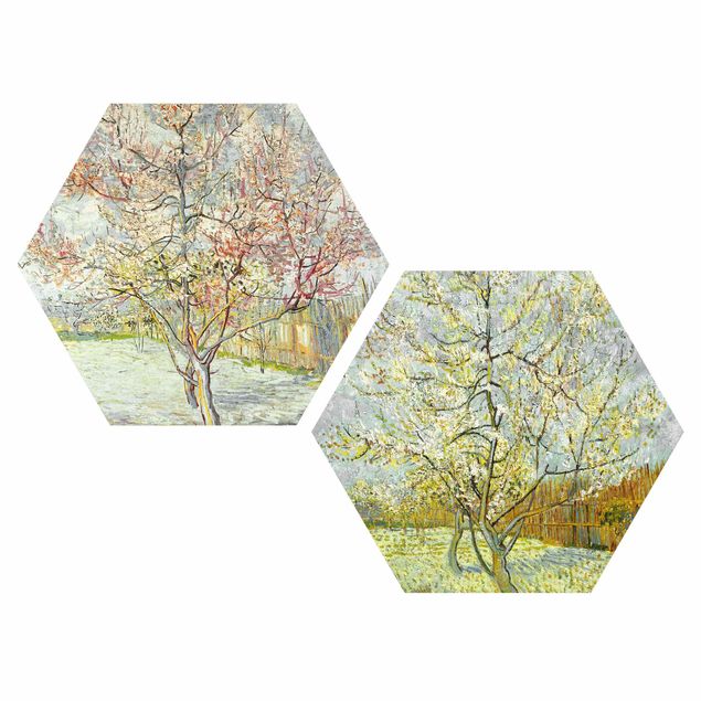 Hexagons Aluminium Dibond schilderijen - 2-delig Vincent Van Gogh - Peach Blossom In The Garden