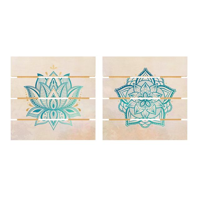 Houten schilderijen op plank - 2-delig Mandala Hamsa Hand Lotus Set Gold Blue