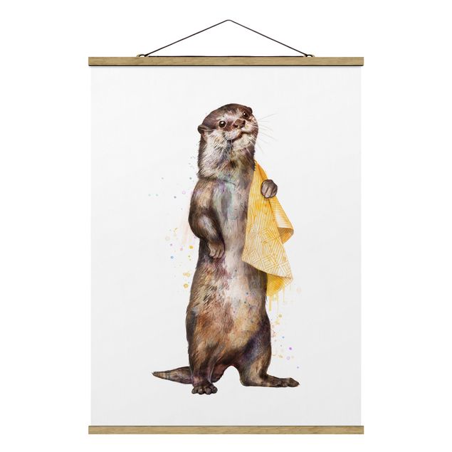 Stoffen schilderij met posterlijst Illustration Otter With Towel Painting White
