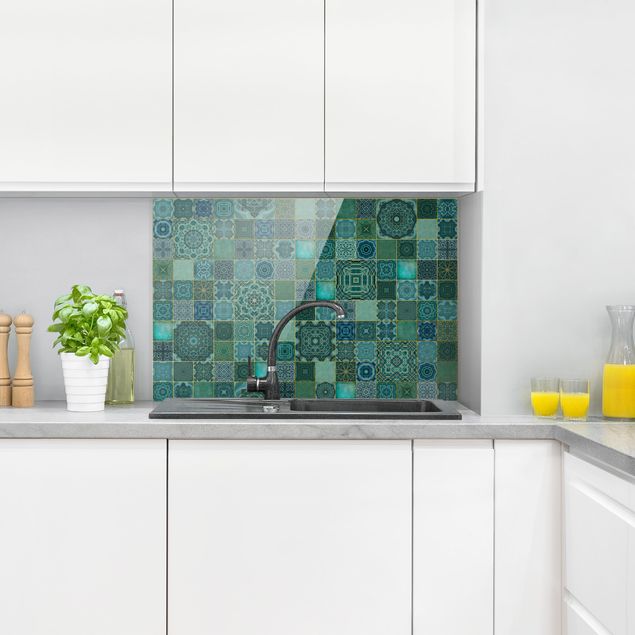 Spatscherm keuken Art Deco Tiles Green Marble With Golden Shimmer